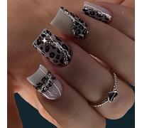 Faux ongles à presser pour l'hiver - Couvrance complète - Faux ongles carrés courts pour femme - Motif léopard gris