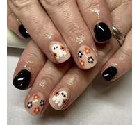 Faux ongles à presser réutilisables en forme d'amande d'Halloween - Faux ongles réutilisables - Motif rayures de sang et visage de fantôme - Ongles à coller avec de la colle pour femme (fleurs noires
