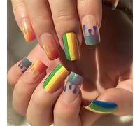 Faux ongles à pression à rayures arc-en-ciel, 24 pièces, brillants, couverture complète, à coller pour améliorer votre Look sans effort, carrés