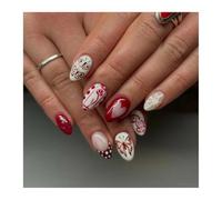 Faux Ongles À Pression Avec Nœud Papillon Bleu, Motif Myrtille, Blanc, Amande Courte, Style Français, 24 Pièces Décorations Manucure(Y5)