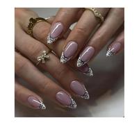 Faux Ongles À Pression Avec Nœud Papillon Bleu, Motif Myrtille, Blanc, Amande Courte, Style Français, 24 Pièces Manucure DIY(Y2)