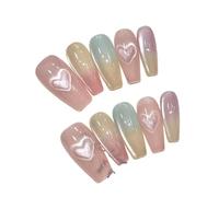 Faux Ongles À Pression Avec Yeux De Chat Roses, Faits À La Main, Avec Nœud Papillon, Motifs De Cœur D'amour, Couverture Complète, Pour Femmes, Manucure À Faire Soi-même Kit Manucure