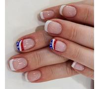 Faux Ongles À Pression Carrée Du 4 Juillet Pointe Française Indépendance Avec Drapeaux Américains Bâton Étoile Sur Ongles Artificiels