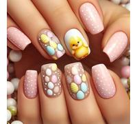 Faux ongles à pression carrés courts, 24 pièces, avec motifs de poussins, manucure en acrylique pour les célébrations de pâques