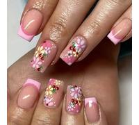 Faux Ongles À Pression Carrés Fleur Coller En 12 Tailles 24 Pièces Pointes Françaises Pour Décorations Artistiques Coller Sur Les Ongles