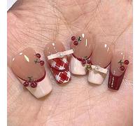 Faux Ongles à Pression, Chevet de Lit Français en Acrylique Brillant à Couverture Complète avec Nœud en Cerise, Ongles à Coller pour Femmes et Filles(M)