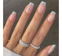 Faux-ongles À Pression De Noël Avec Flocons Neige Scintillants Pointe Française Art Pour Les Particuliers À La Mode Accessoires Pour Ongles Mariage 24 Pièces