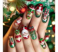 Faux ongles à pression de noël en acrylique, 24 pièces, avec motifs de père noël et de boîte-cadeau, bâton brillant sur manucure