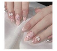 Faux Ongles À Pression En Forme D'amande, Longs, Roses, Avec Nœud, Français, Ovales, Couverture Complète, Portables, 24 Pièces Kit Manucure