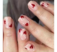 Faux ongles à pression pour la saint-valentin, 24 pièces, forme carrée courte, en acrylique, avec motifs en forme de cœur, à coller pour femmes, motifs romantiques