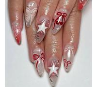 Faux Ongles À Pression Pour Le Jour De L'indépendance 24 Pièces En Forme D'amande Avec Nœuds Design Étoile Kit De Nail Art Pour Femmes Et Filles