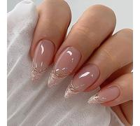 Faux Ongles Amande Bord Doré Nacré, 24 Pièces Press On, Style Français Irrégulier, Scintillant Et Réutilisable