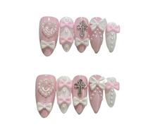 Faux Ongles Arc perle mignon rose blanc amande presse à la main sur les ongles coeur croix faux Nail Art(Color-1-XS)