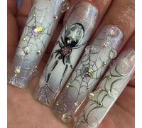 Faux ongles argentés brillants avec visage fantôme avec strass et texture ABS pour les fêtes d'Halloween