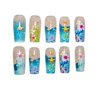 Faux ongles artificiels à couverture complète, utilisation pratique, design bleu réutilisable, finition brillante créative pour les vacances, les voyages, les fêtes, le cosplay, les filles et les
