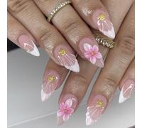 Faux ongles artificiels en forme de fleur 3D en forme d'amande, ensemble de manucure florale brillante avec pointes françaises pour une manucure temporaire rapide, manucure florale avec accents