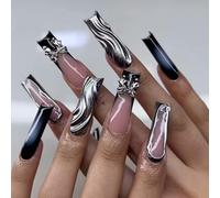 Faux ongles autocollants carrés moyens style Y2K nœud 3D noir rose kit de 24 pièces