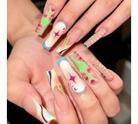 Faux ongles autocollants ronds longs Y2K étoiles acrylique kit de pose 24 pièces