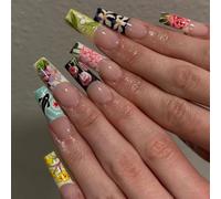 Faux ongles autocollants ronds longs Y2K French manucure fleurs 24 pièces