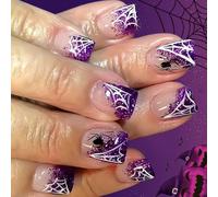 Faux ongles avec des accents de toile d'araignée blanche couverture complète en acrylique Conseils d'Halloween pour femme Motif toile d'araignée
