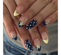 Faux ongles avec étoiles françaises modernes bleu jaune contrasté ABS artificiel pour voyage occasions spéciales bleu jaune ombres faux faux ongles