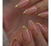 Faux ongles avec feuille d'or 3D courtes, en forme d'amande, étoiles | Feuille dorée 3D luxueuse, décoration d'étoile élégante, forme d'amande courte, sensation naturelle pour toutes les occasions