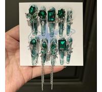 Faux Ongles avec Nœud Papillon vert et Chaîne avec Cristal de Glace, Ongles Artificiels en gel pour un Look Brillant(L)