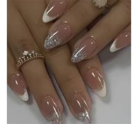 Faux ongles blancs à bout français de longueur moyenne à presser - Couvrance complète - Faux ongles artificiels scintillants en acrylique - Longueur des ongles