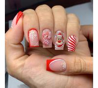 Faux ongles blancs à presser en forme de flocon de neige - Motif élan de dessin animé - Faux rayures - Couverture complète de Noël