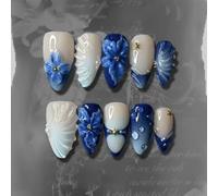 Faux ongles bleu 24 pièces amande, press on nails fleurs 3D
