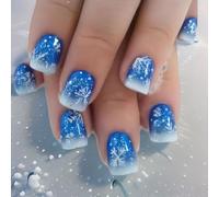 Faux ongles bleus à coller avec flocons de neige pour femme