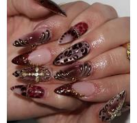 Faux ongles brillants avec imprimé léopard et croix - Longue brillance - Pour ongles sociaux