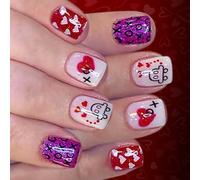 Faux ongles brillants sur le thème de la Saint-Valentin - Motif amour blanc - Forme carrée - Application facile - Cœur blanc