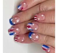 Faux ongles carrés à pointe française 4 juillet avec drapeaux américains et étoile à coller le jour de l'indépendance French Tip