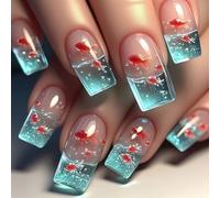 Faux ongles carrés à presser avec motifs de poissons, jolis faux ongles brillants sur ongles artificiels pour femmes et filles
