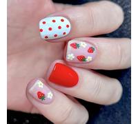 Faux ongles carrés à presser en forme de fleur de fraise artificielle à coller sur les motifs French Tips On Nail Cercueil Amande French Tip On Nail