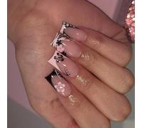 Faux ongles carrés à pression, 24 pièces, fausses colles artificielles sur les dessins, pointes françaises pour femmes