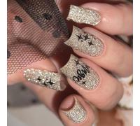 Faux ongles carrés avec paillettes Lettres Designs Couverture complète à presser Ongles Manucure Art pour fêtes et rendez-vous femmes Nail Art