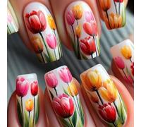 Faux ongles carrés brillants à coller avec motifs floraux pour rendez-vous et célébrations