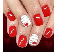 Faux ongles carrés brillants, cœur rouge brillant et rayures argentées, 24 pièces, pressions carrées courtes pour la saint-valentin, rencontres, faux ongles carrés brillants