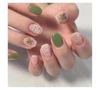 Faux Ongles Carrés Courts, 24 Pièces, Avec Design, Trèfle À Quatre Feuilles Vert D'été, Ensemble D'ongles À Pression Kit Manucure(Y1)