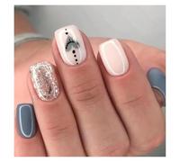 Faux Ongles Carrés Courts, 24 Pièces, Fée Française, Rose, Paillettes, Or, Diamant, Veines De Colline, Couverture Complète, À Pression Kit Manucure(Y33)
