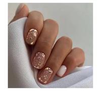 Faux Ongles Carrés Courts, 24 Pièces, Fée Française, Rose, Paillettes, Or, Diamant, Veines De Colline, Couverture Complète, À Pression Kit Manucure(Y17)