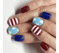 Faux Ongles Carrés Courts À Pression 24 Pièces Décorations De Manucure Avec Paillettes Pour Le Jour De L'indépendance Et