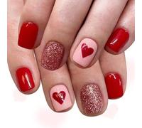 Faux ongles carrés courts avec blushes scintillants et motifs d'amour pour un usage quotidien ou des occasions spéciales Saint-Valentin Faux ongles chérie