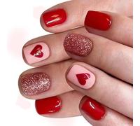 Faux Ongles Carrés Courts Avec Des Fards À Joues Roses Scintillants Et Des Motifs D'amour Pour Un Usage Quotidien Ou Des Occasions Spéciales Presse Non Toxique Sur L'ongle ABS