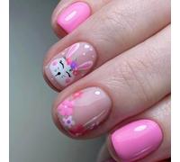 Faux ongles carrés courts de Pâques avec motifs floraux et lapins pour manucure festive