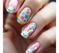 Faux ongles carrés courts en ABS avec motifs lapins et art floral pour occasions festives