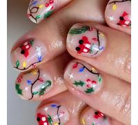 Faux ongles carrés courts en forme de voiture de dessin animé - Ongles de Noël à presser - Bandes lumineuses de Noël - Couverture complète des ongles