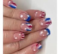 Faux ongles carrés courts patriotiques à bout français à presser sur toute la couverture - Faux ongles pour le jour de l'indépendance